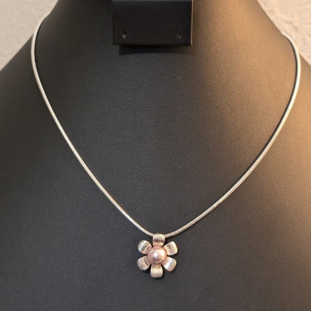 925 Sterling Snake Chain Pink Pearl Flower Pendant 18" Necklace